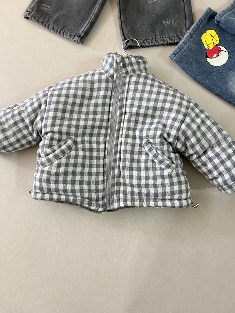 秋冬儿童格子加绒拉链加厚外套