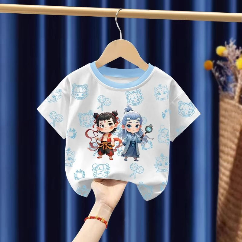 纯棉短袖T恤新款哪吒敖丙满印图案中大儿童宝宝夏季休闲百搭上衣