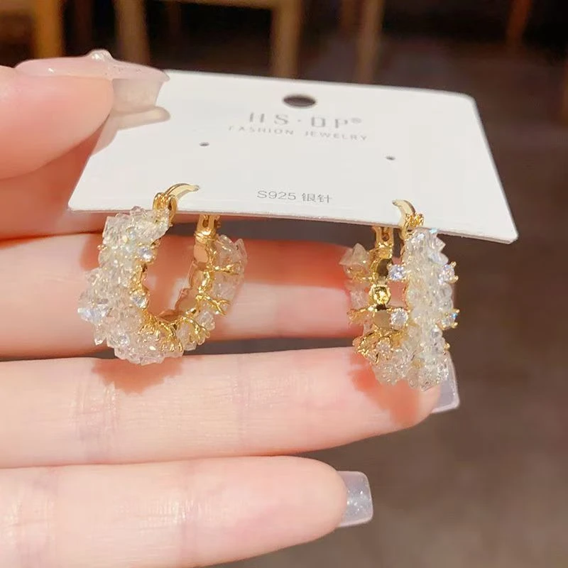 铜合金合成锆石耳饰 日韩浅金色耳环双层耳饰小众设计感百搭-419