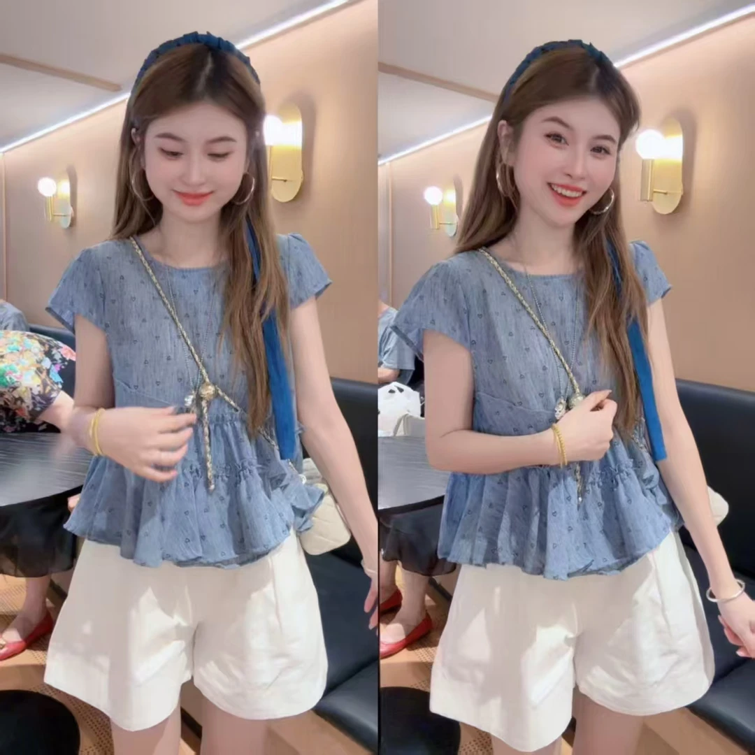 运补6-8 爱心印花压皱花边短袖衬衣女夏季气质小衫不规则拼接上衣