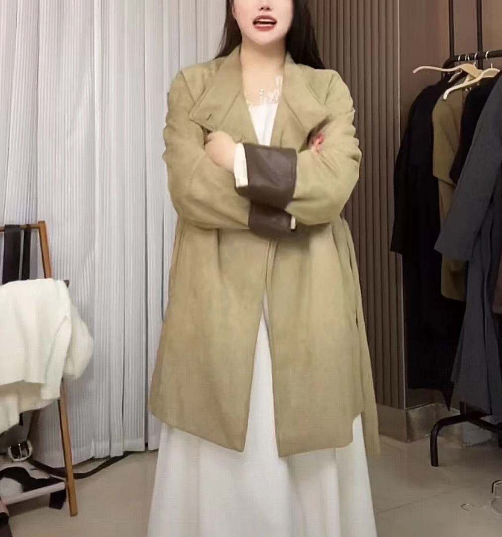 【大脸】复古麂皮绒短款风衣厚外套女秋冬6696