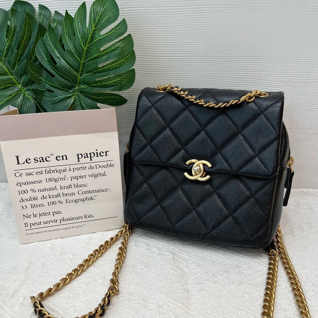 99新 Chanel/香奈儿 Chanel香奈儿 22p ado双肩包黑金荔枝纹 22年