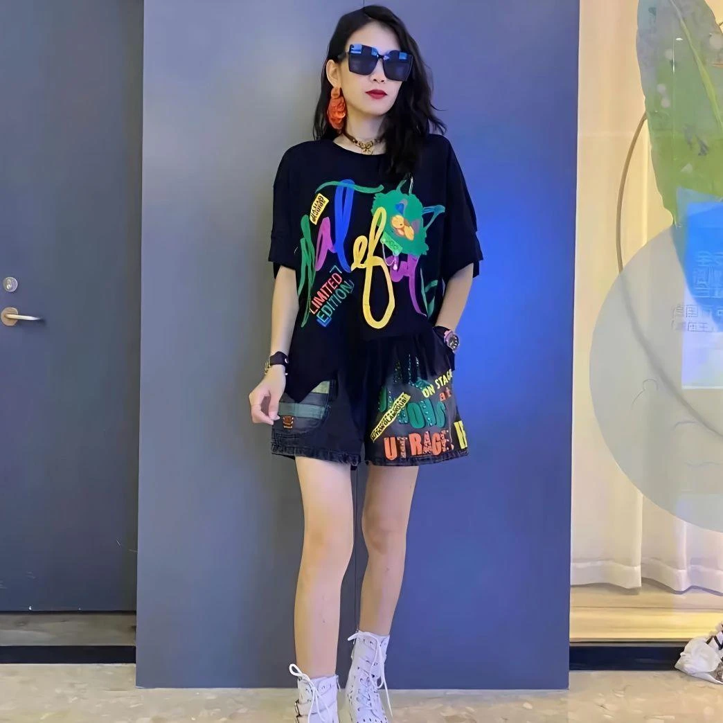 潮牌2022欧货夏显瘦T恤不规则流苏印花短袖宽松牛仔短裤两件套