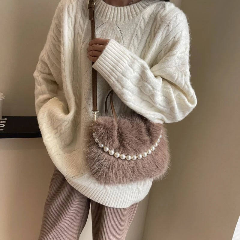 毛茸茸狐狸珍珠小方包手提包时尚毛绒包可爱女斜挎包