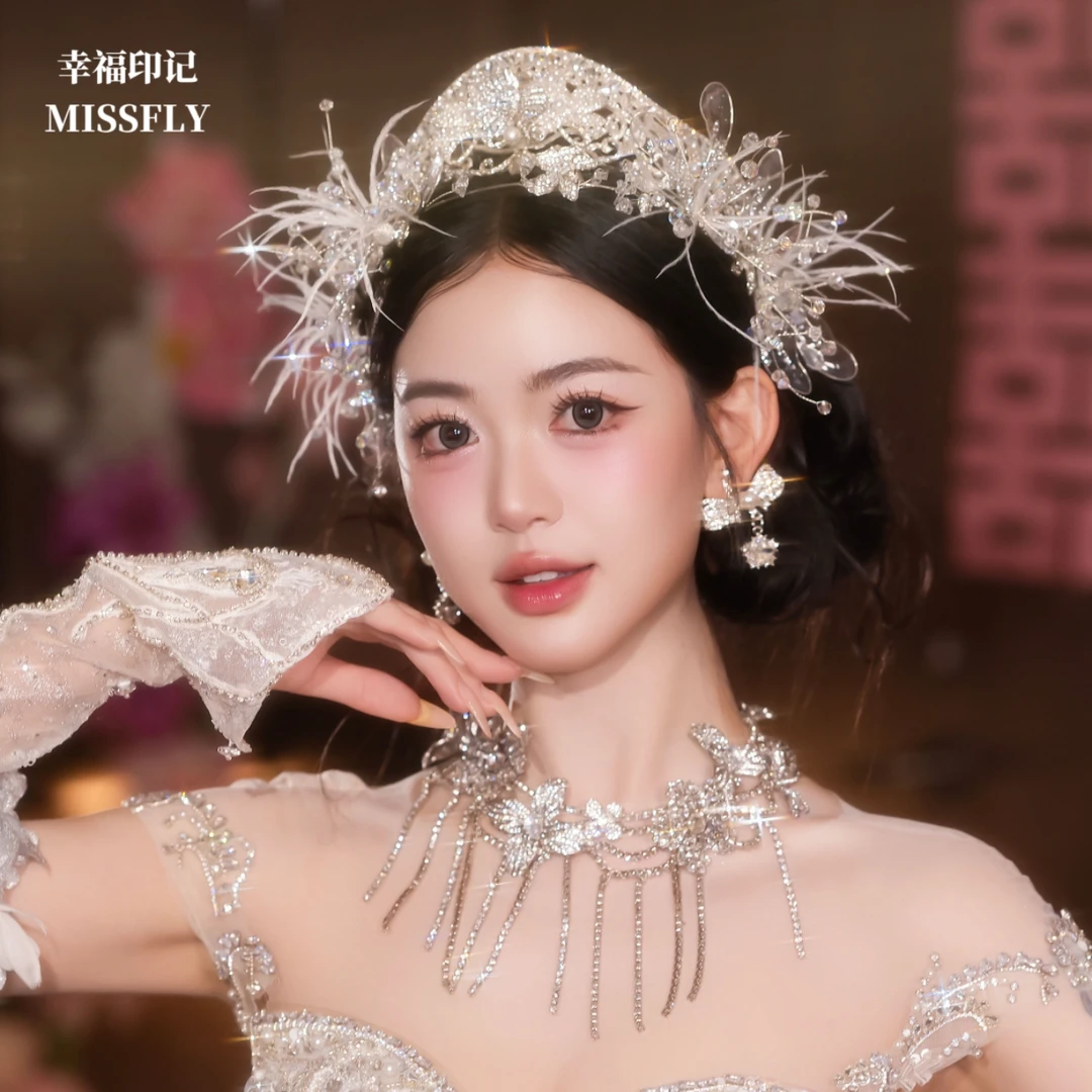 新娘头饰手工羽毛皇冠耳环高级感主婚纱发饰王冠白纱礼服配饰