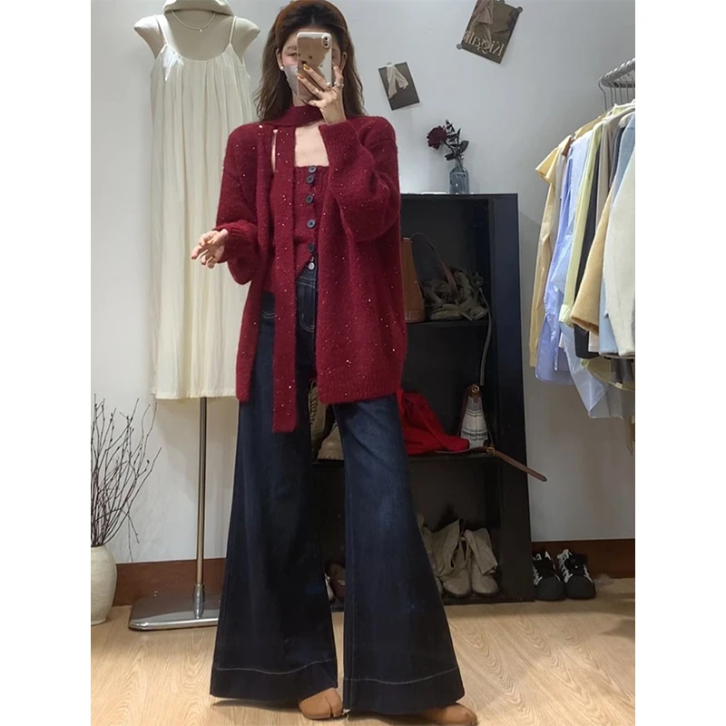 入冬2025ootd穿搭一整套秋冬季女装过年战袍红色毛衣外套两件套装