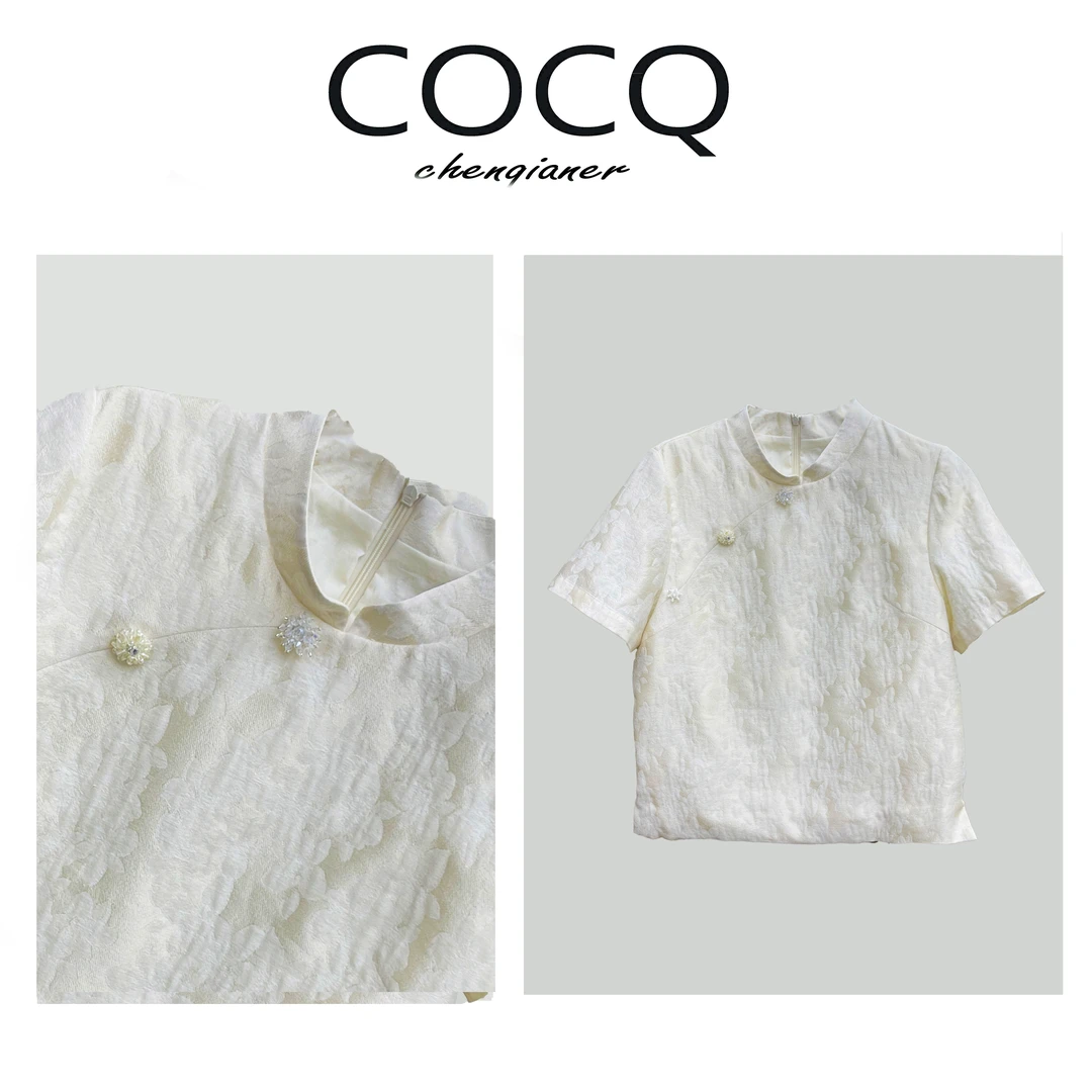 【COCQ】手工钉珠斜襟立领提花刺绣短袖衬衫上衣