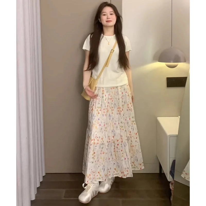 温柔风彩色碎花半身裙女夏季新款高腰气质修身显瘦A字裙大摆长裙