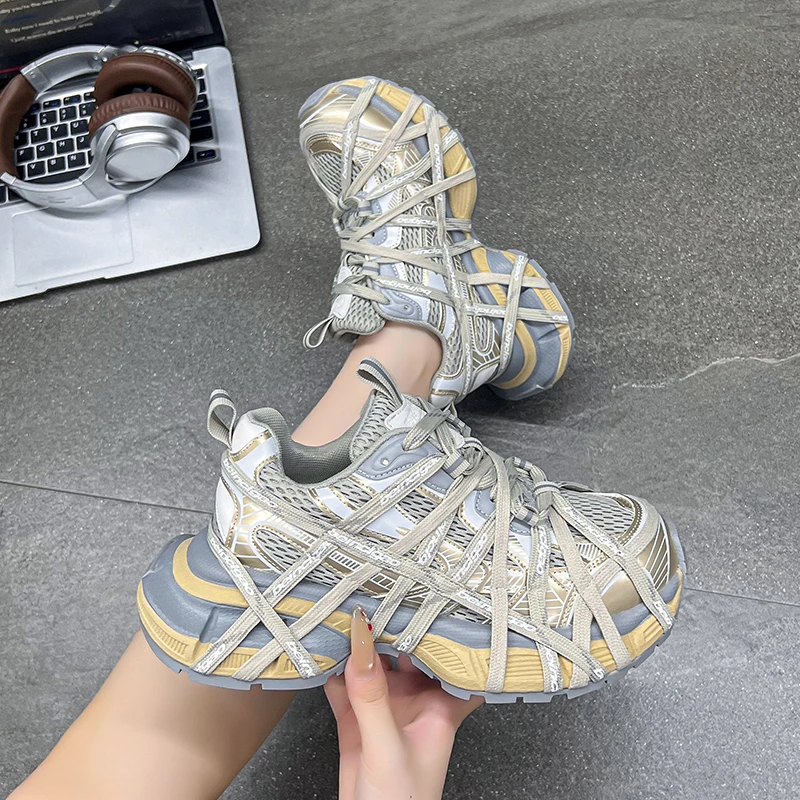 网红真皮绑带女鞋秋季新款2025爆款厚底百搭休闲鞋潮时尚老爹鞋子