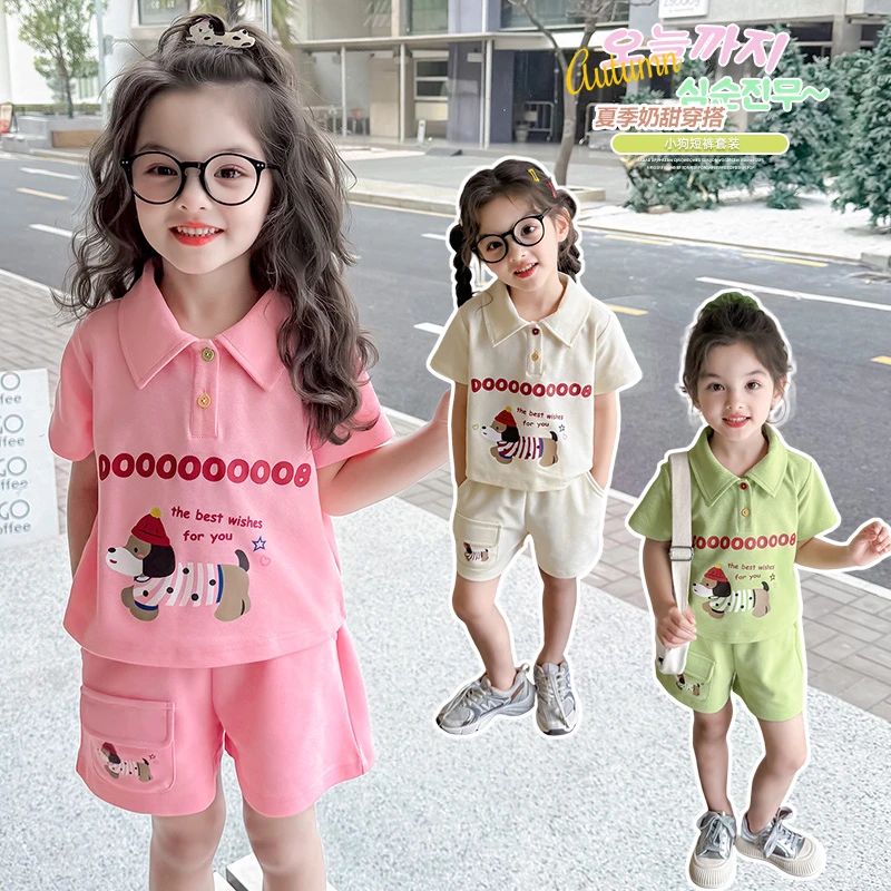 小女童套装时髦洋气卡通短袖短裤两件套运动休闲夏季小童韩版奶甜