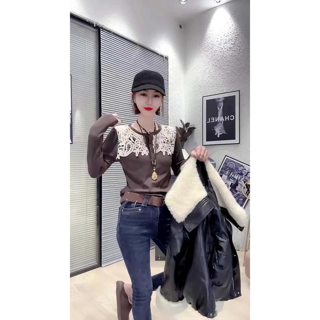 欧货时尚修身显瘦重工蕾丝拼接圆领长袖打底衫
