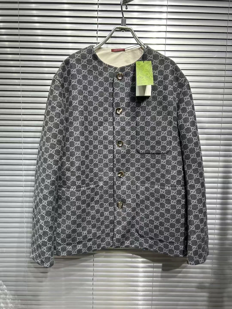 未使用 GUCCI/古驰 25ss灰色满印法兰绒夹克/48码