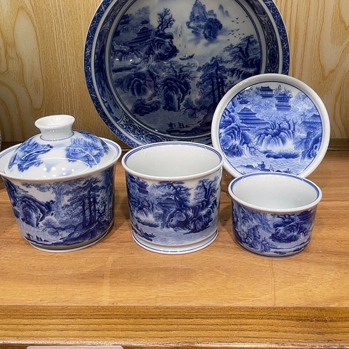 ****已青花春山图5件套茶具