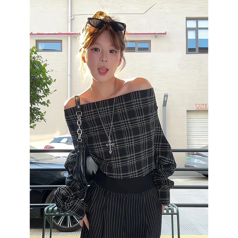 韩式撞色黑色格纹一字肩长袖上衣女初秋高腰条纹西装阔腿显瘦长裤