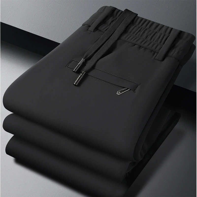 男士松紧腰休闲裤弹力运动直筒2025秋冬季加绒加厚款桑蚕丝男裤子