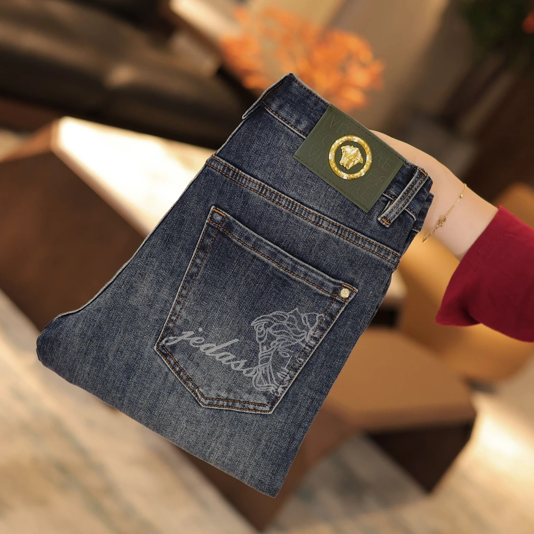 轻奢秋季厚款修身小直筒男士牛仔裤休闲潮流裤子弹力印花男款长裤