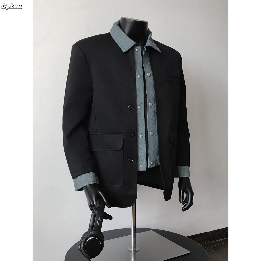 GPTSu韩版假两件牛仔拼接西装男秋季oversize慵懒感痞帅翻领夹克