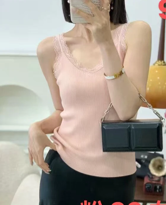 新款曲珠冰丝拼接蕾丝吊带背心9251