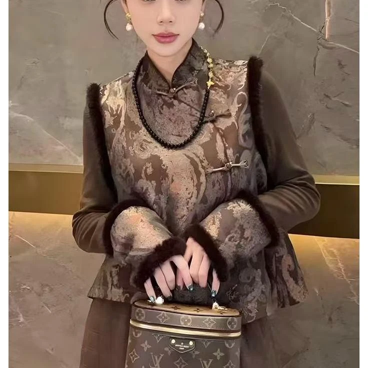 2025冬季加棉宋锦人丝设计感洋气马甲老钱风百搭显瘦女