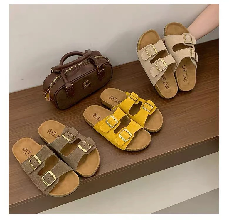 牛二层剖面皮真牛反绒勃肯拖鞋软木低2025新款一字拖软底真皮拖鞋