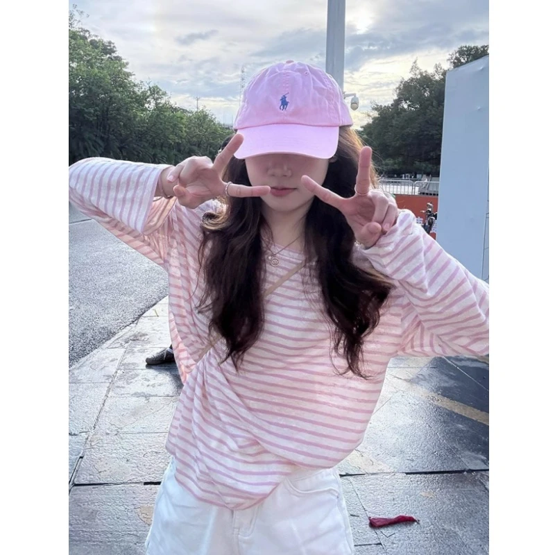 粉色条纹圆领长袖t恤女外穿韩系慵懒松弛感上衣早秋薄款防晒罩衫