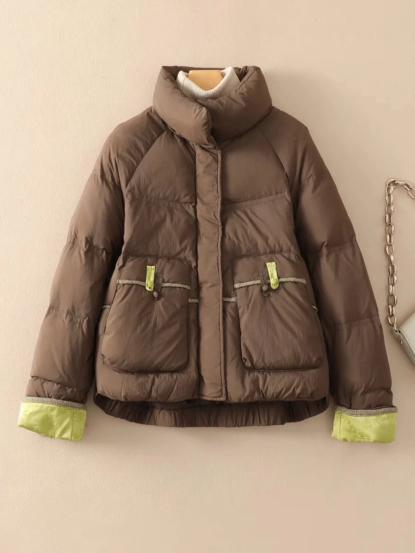 复古文艺撞色拼接设计立领宽松短款外套保暖女