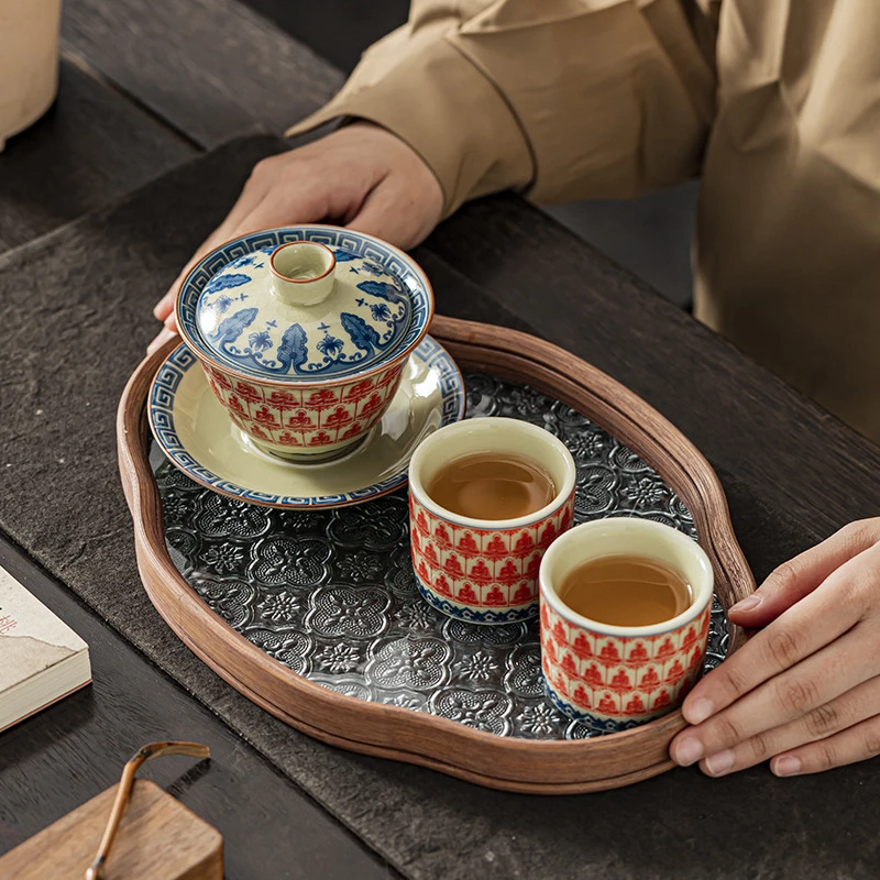 敦煌文创千佛盖碗茶杯单个高档陶瓷青花瓷三才泡茶碗功夫茶具套装