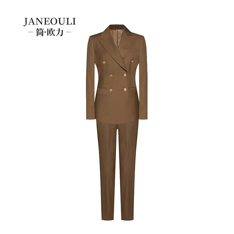 简欧力 美式复古咖色西装套装女两件套毛料双排扣直筒小脚裤型