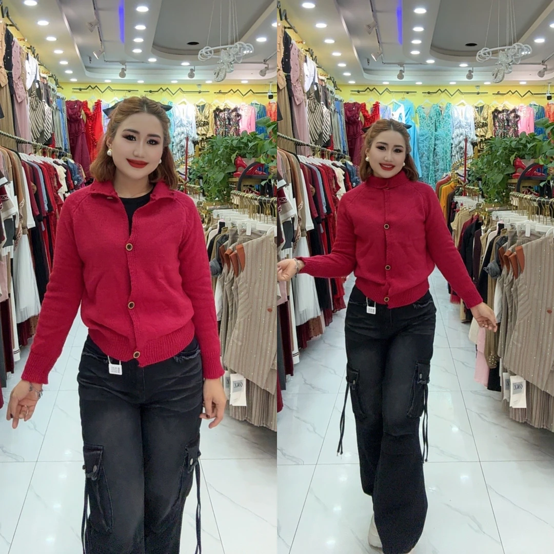 毛针织衫冬季红色针织衫宽松型针织时尚立领常规