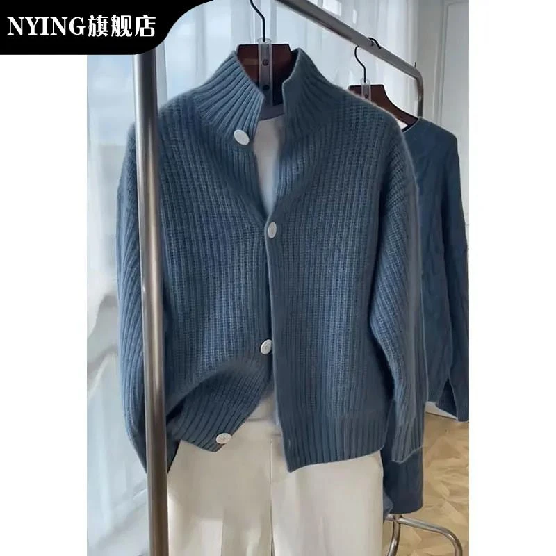 NYING韩系慵懒风高级设计感克莱因蓝时尚针织开衫浣熊绒毛衣男