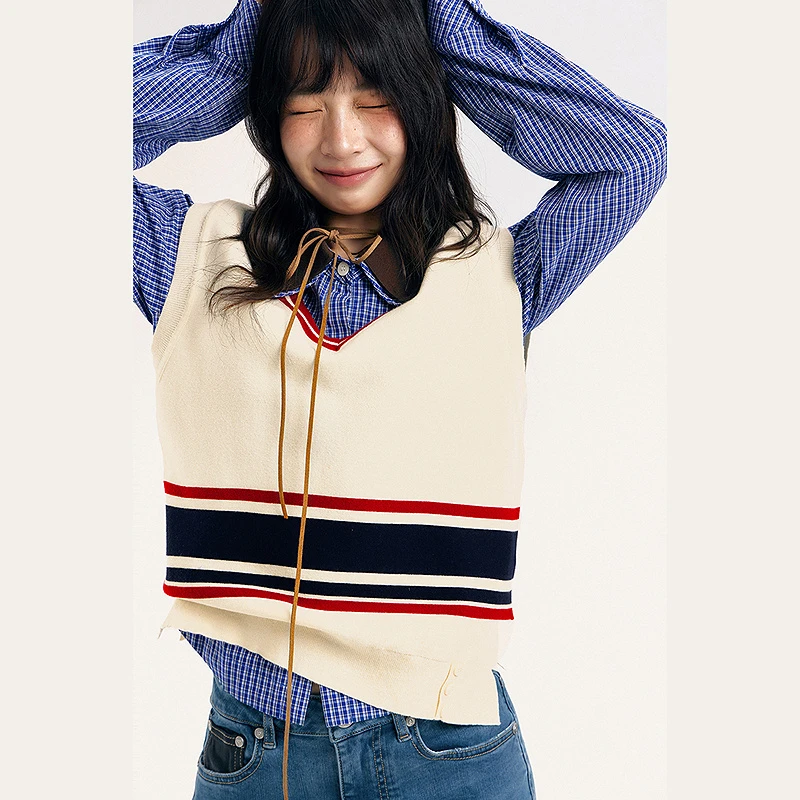 NO ONE ELSE美式复古女装条纹针织马甲秋季学院风撞色休闲V领马夹