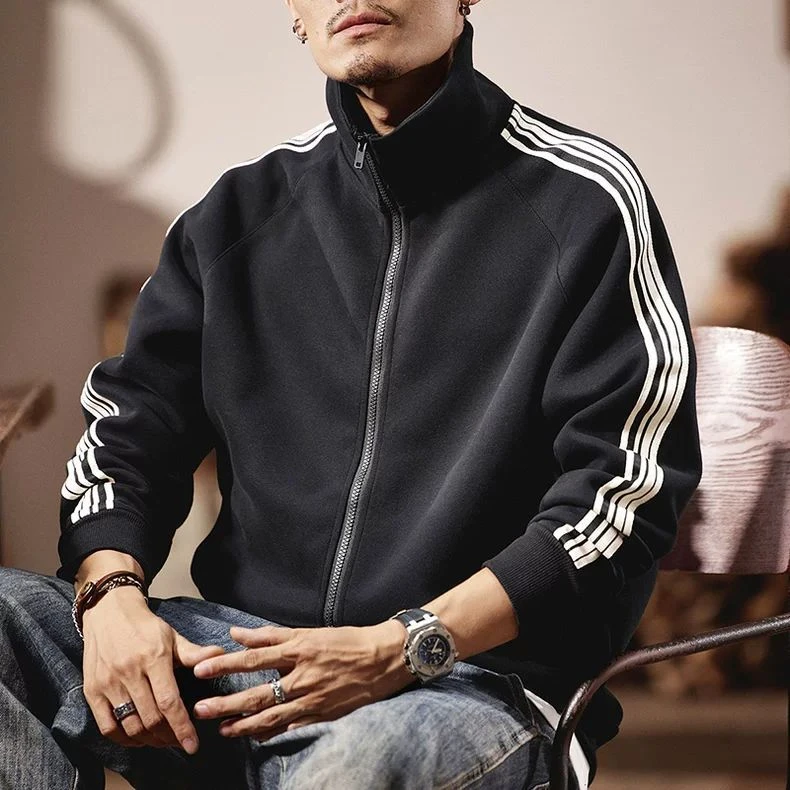 秋冬款加厚拉链开衫卫衣男2026新款潮牌大码男士条纹运动休闲外套