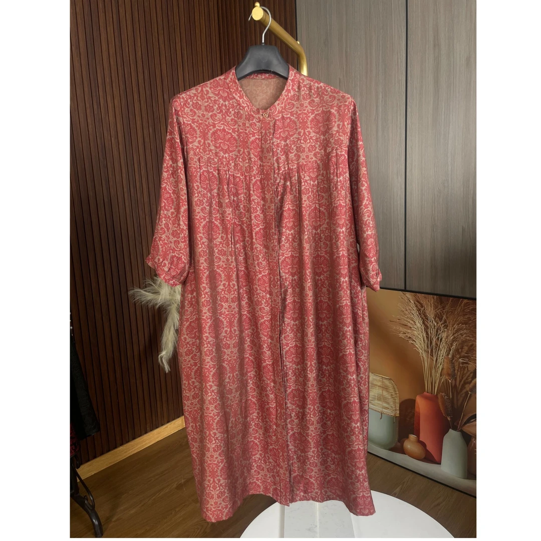 2025春夏新款桔色长款连衣裙女舒服透气大码妈妈装原创设计