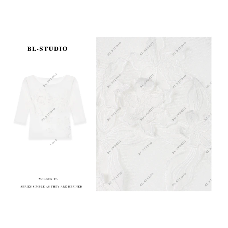 【丢丢】立体花朵短袖上衣女网纱透视夏季新款修身圆领T恤BL-4276