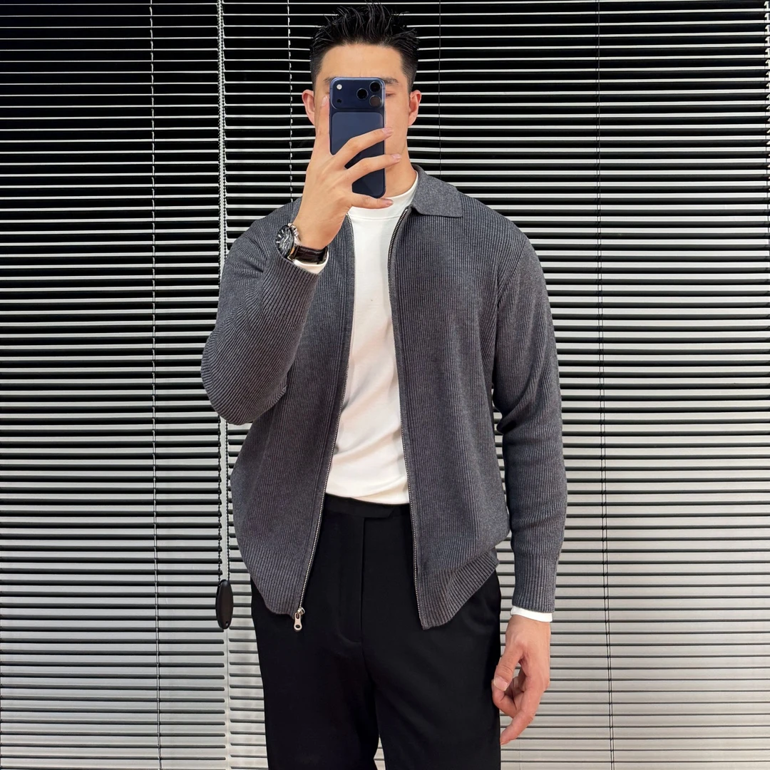 羊毛混纺针织衫毛衣开衫拉链外套翻领轻熟风痞帅简约休闲秋季男装