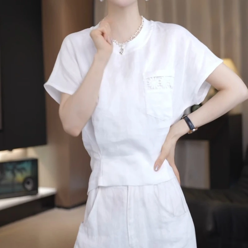 2025新款时尚简约纯色洋气百搭镂空收腰显瘦短袖上衣LK2503126