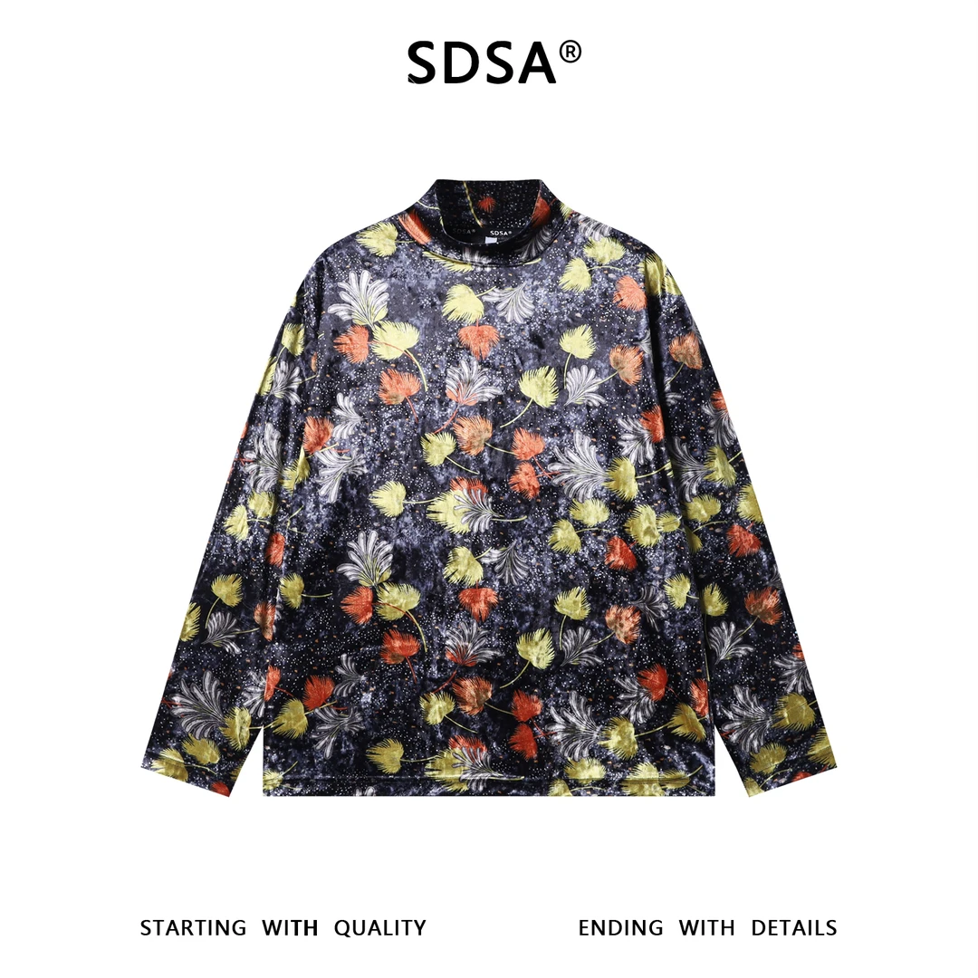 SDSA秋冬新款痞帅男装简约彩色植物花卉半高领长袖T恤百搭时尚