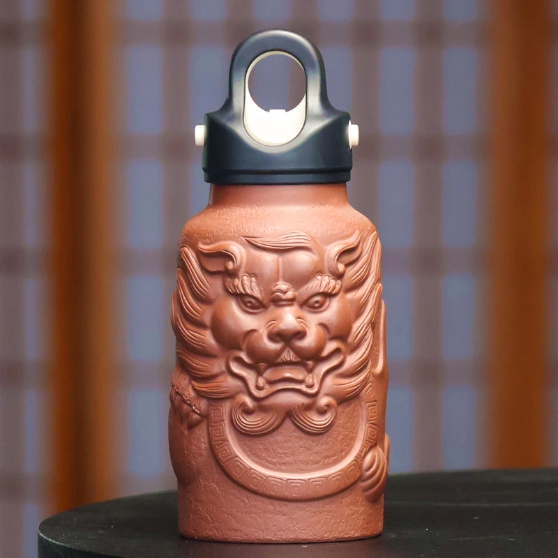 单层柴烧浮雕瑞狮手工紫砂复古随行茶道创意杯420毫升大容量大号