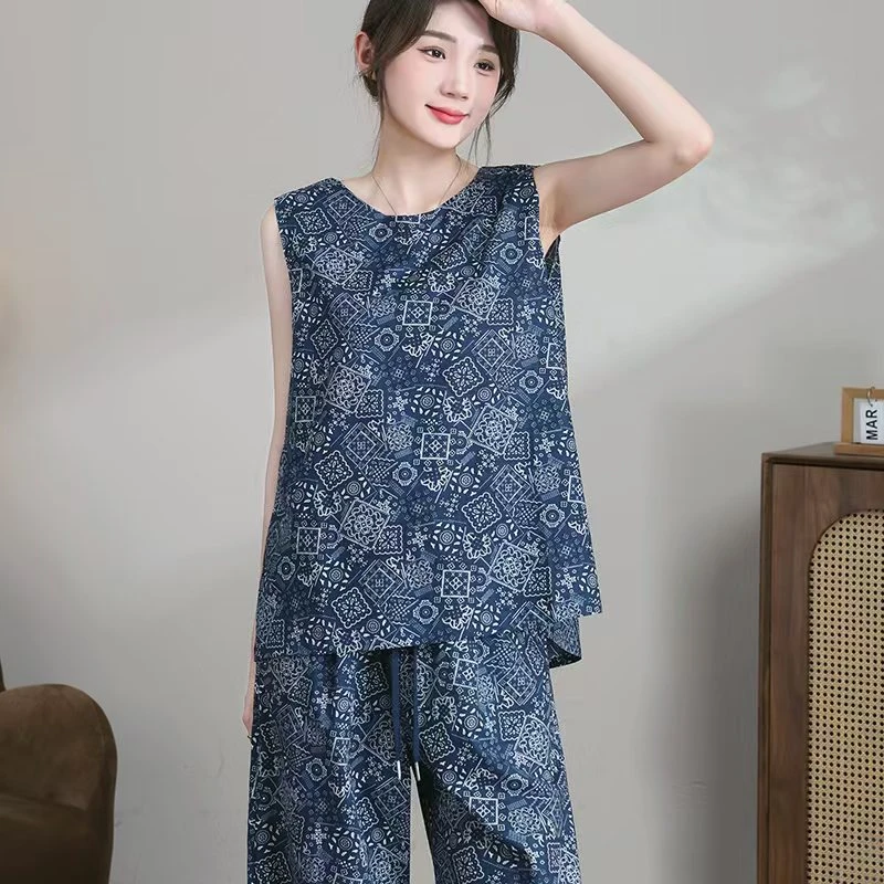 瑶曼纯棉青花瓷无袖衬衣夏季休闲时尚碎花上衣复古宽松印花显瘦