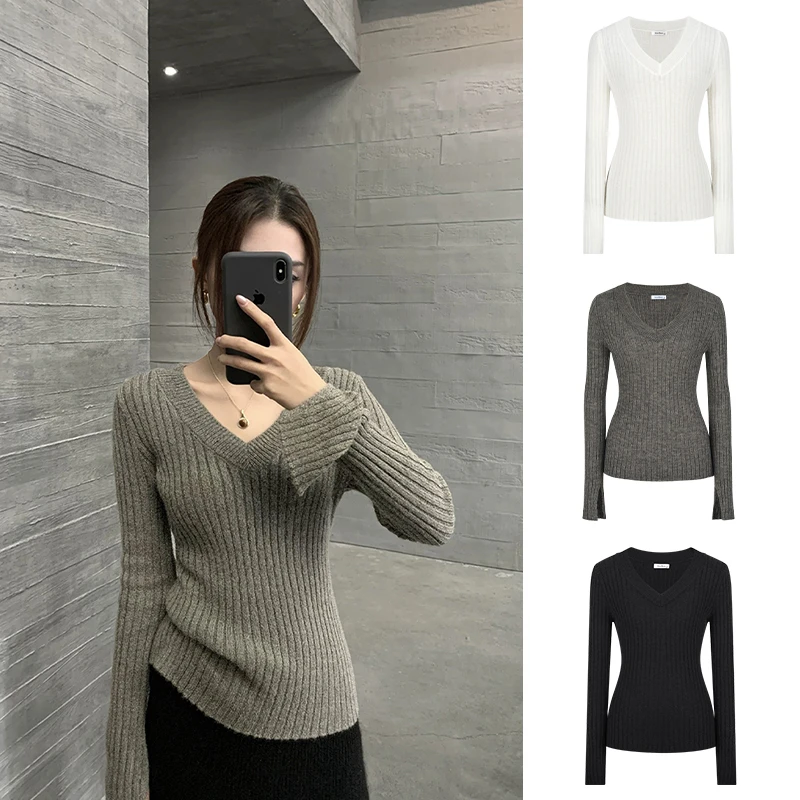 Moses Queen/魔西女王纸片人坑条长袖针织衫V领收腰显瘦毛衣上衣