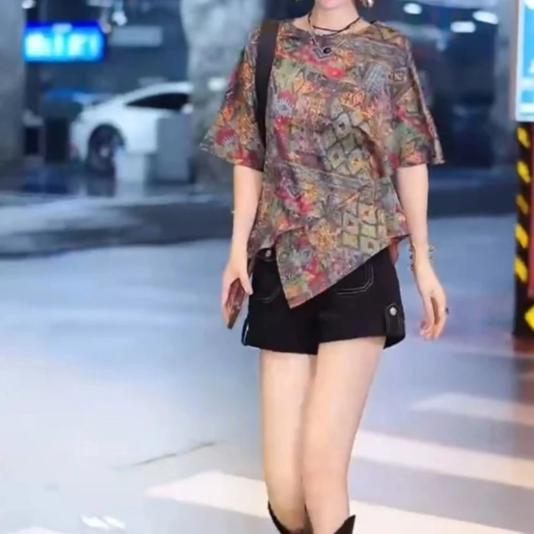 时尚百搭休闲潮流精品女装宽松不规则花色上衣裤子