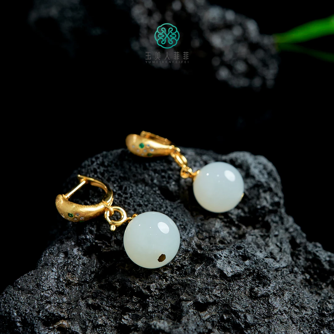 菲菲珠宝好^S925和田玉圆珠耳钩约11mm+