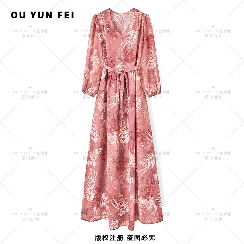 【樱花粉】高级感连衣裙女新款气质显瘦穿搭时尚洋气印花长裙HY1079