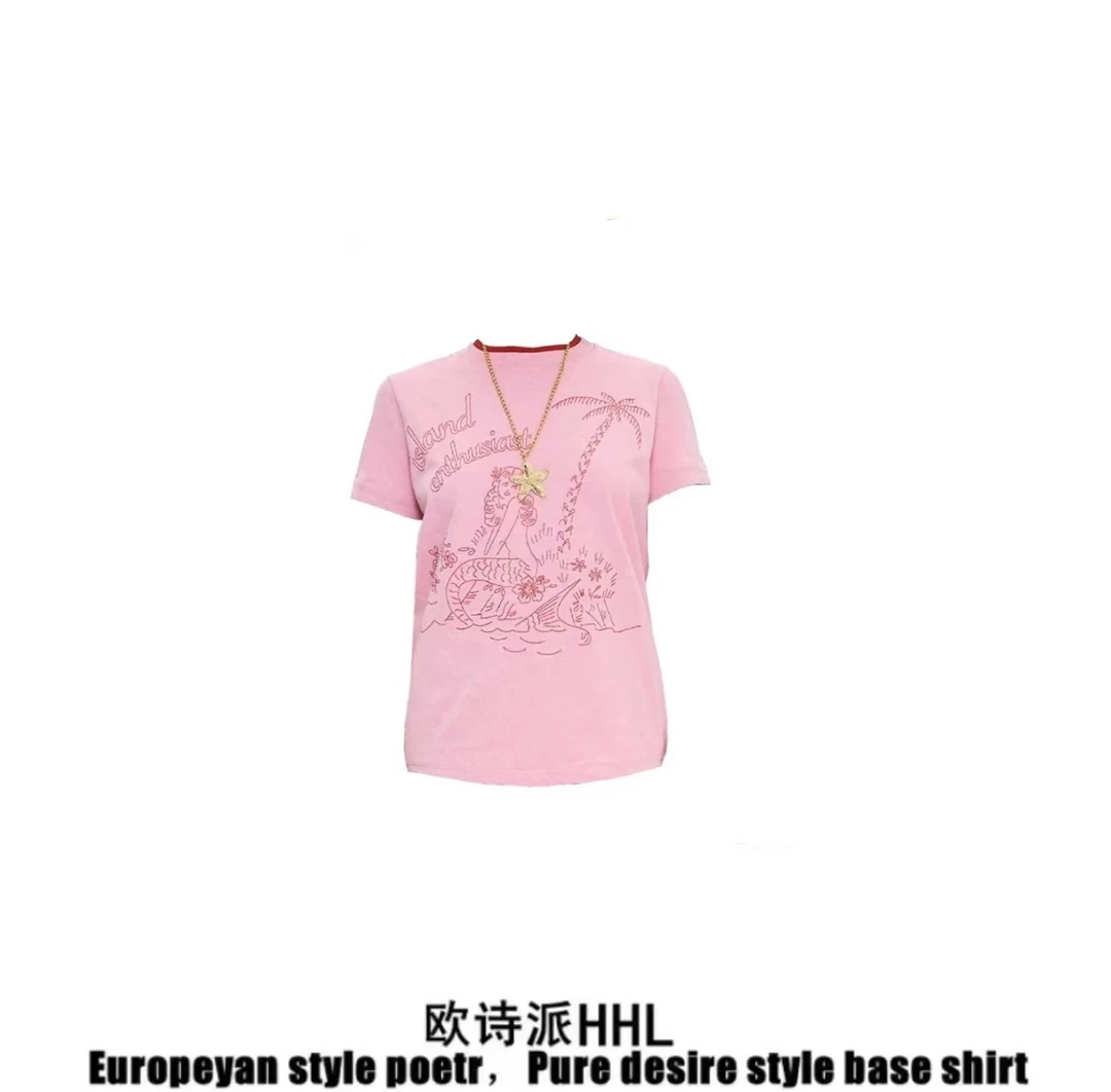 美式复古设计感美人鱼椰树印花夏季新款宽松短袖T恤女休闲上衣潮