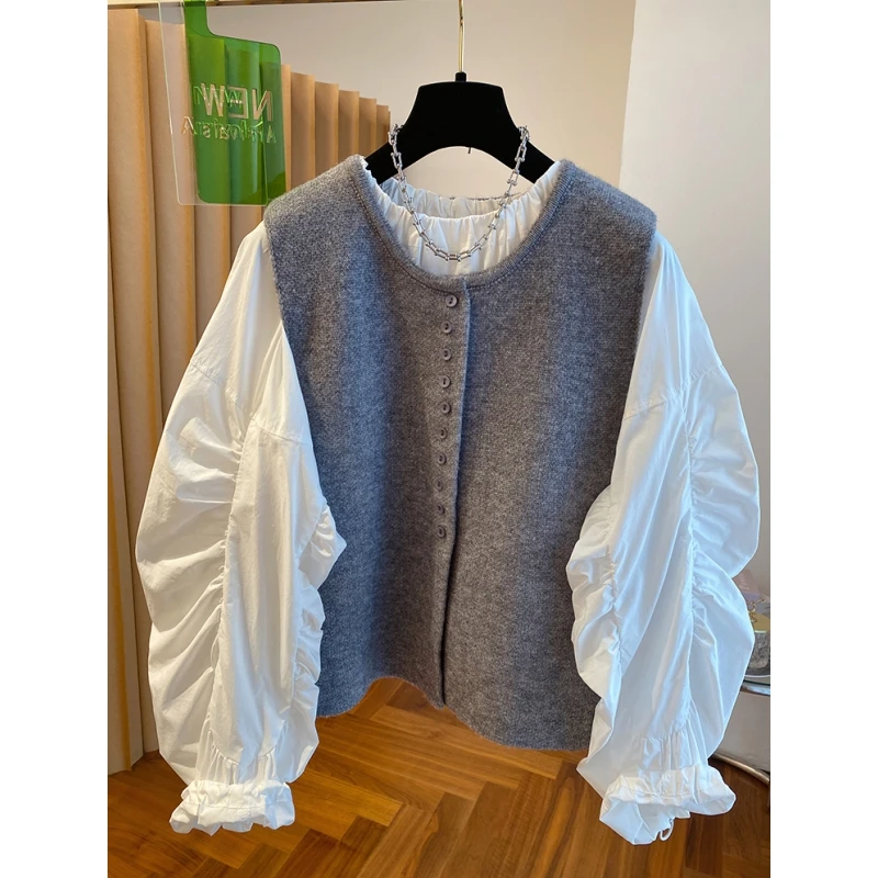 韩国气质针织马甲加白色衬衫两件套上衣女2025春新款宽松减龄上衣