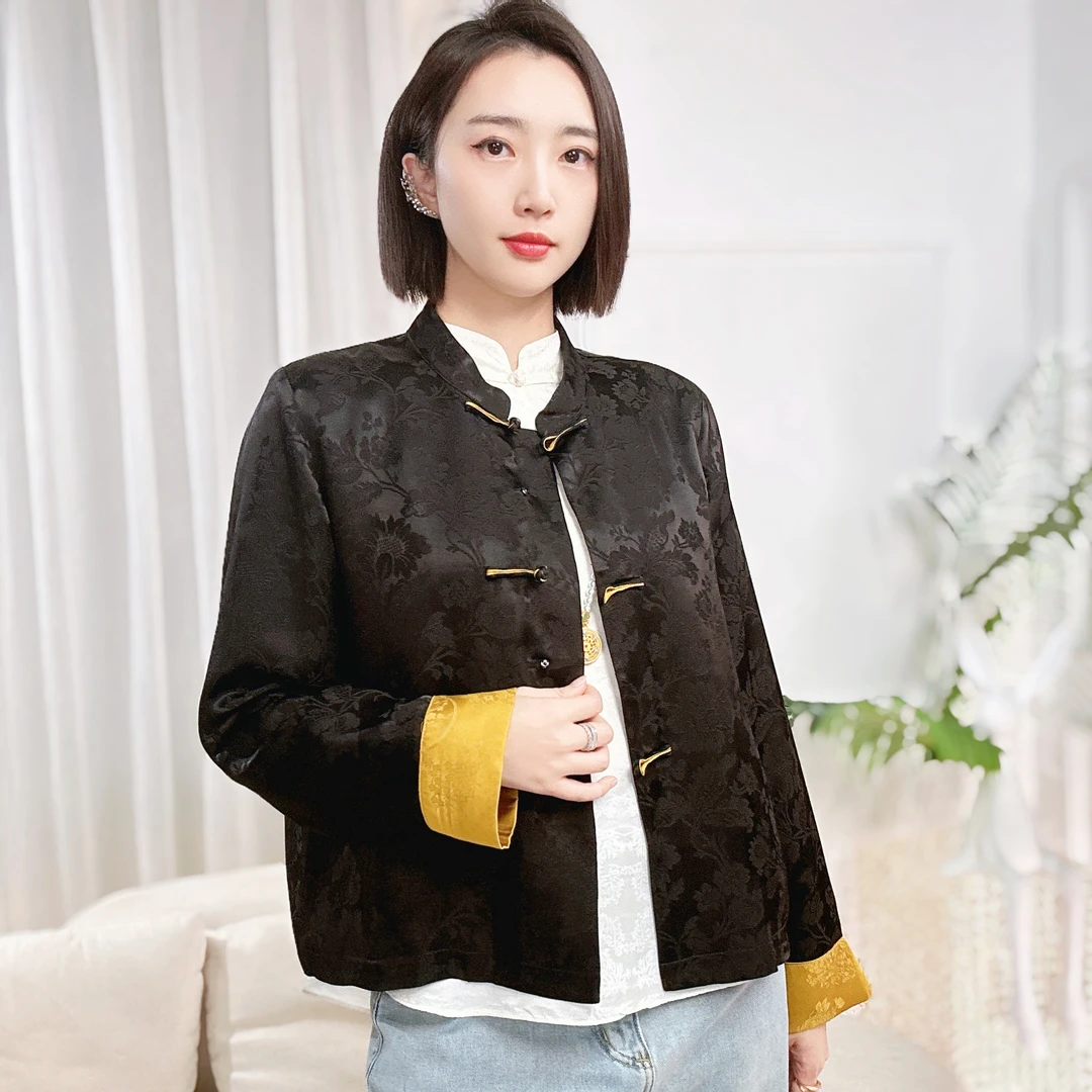 新中式休闲桑蚕丝长袖时尚宽松中国风花罗春季立领女装HF-870161