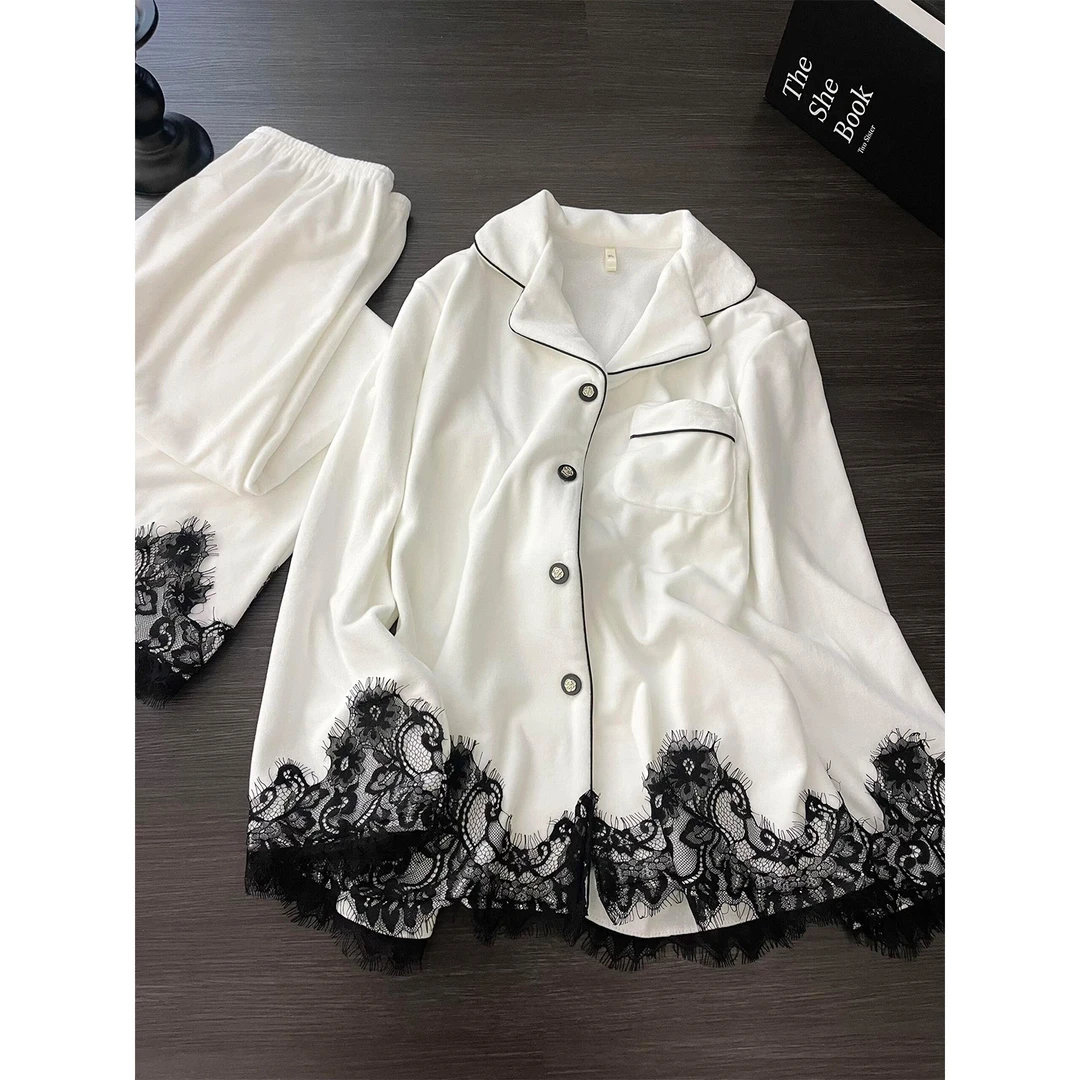 纯欲少女蕾丝花边拼接德绒睡衣女秋冬新款磨毛长袖长裤家居服套装