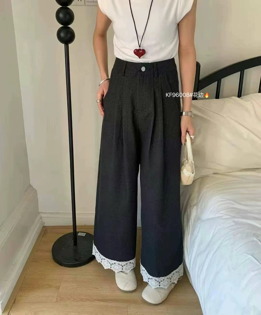 拼接高腰口袋阔腿裤夏季休闲裤打底裤时尚黑色百搭家居裤舒适