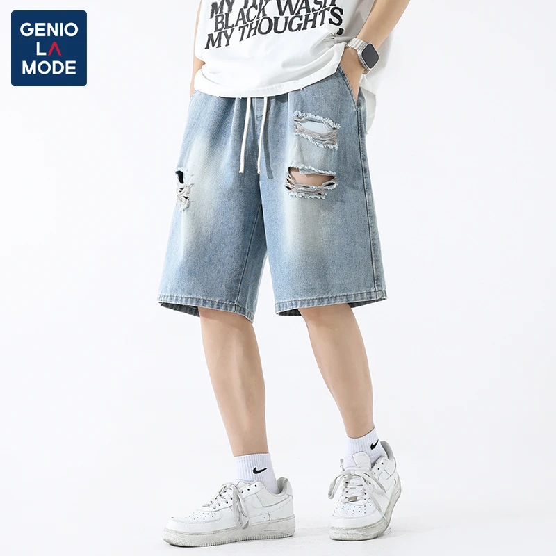 GENIO LAMODE美式高街牛仔短裤男夏季复古水洗做旧百搭休闲直筒裤