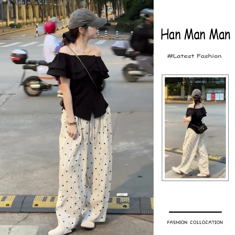 夏季流行穿搭一整套新款2025韩版御姐风露肩上衣波点阔腿裤两件套